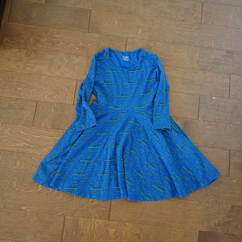 Svaha USA 11/12 Girls Blue A-Line Submarine Dress Long Sleeve Pockets Organic
